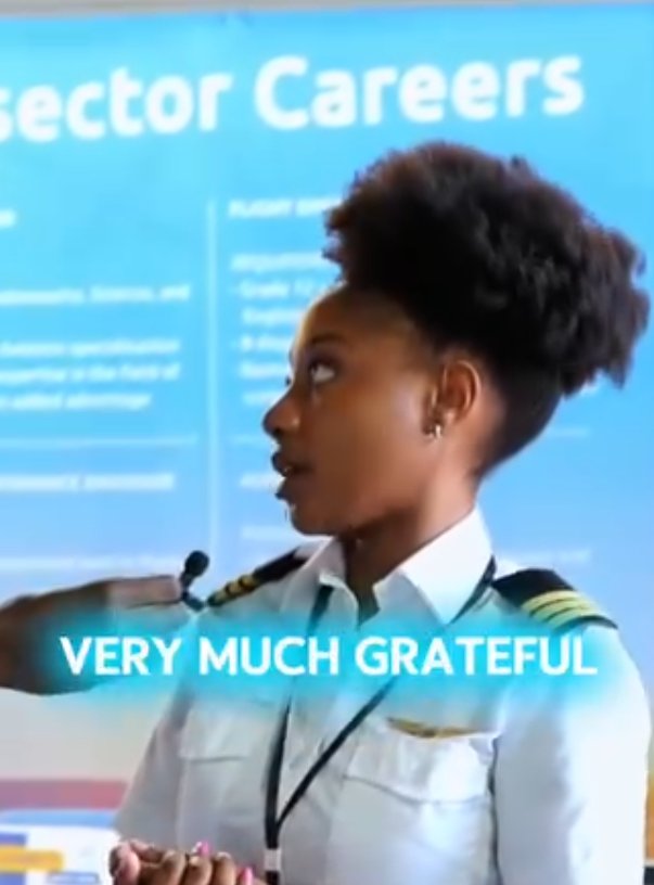 Warrant Officer Thobeka Shozi in pilot uniform with a caption reading Very much grateful